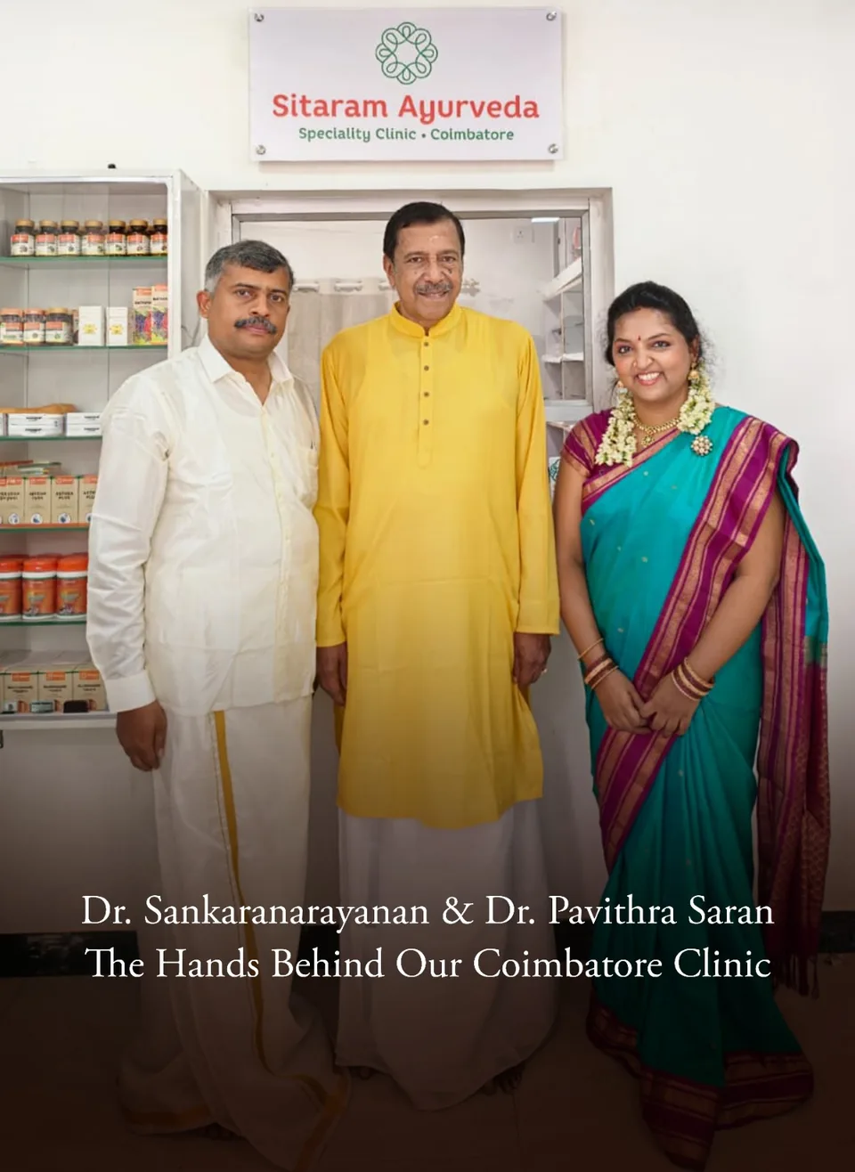 Three people standing beneath the Sitaram Ayurveda Speciality Clinic sign in Coimbatore