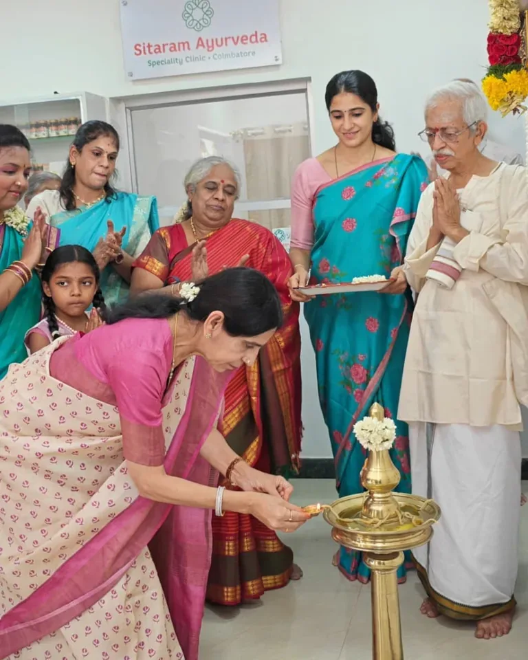 Lamp-lighting moment during the Sitaram Ayurveda Coimbatore inauguration