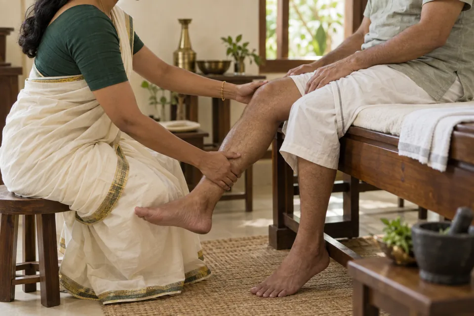 Illustrative Ayurveda practitioner supporting an adult's knee mobility