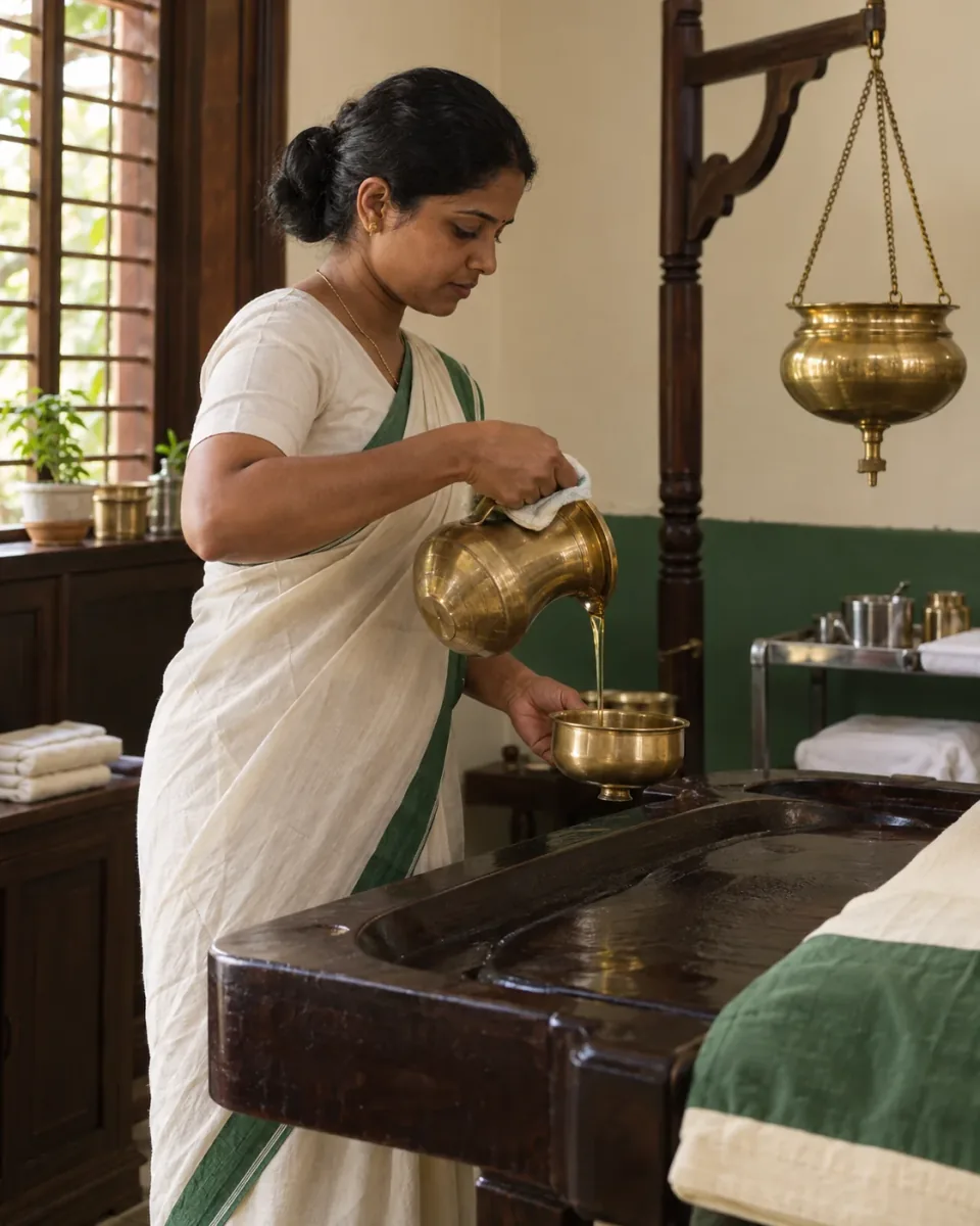 Ayurveda therapist preparing warm herbal oil beside a traditional Panchakarma treatment table